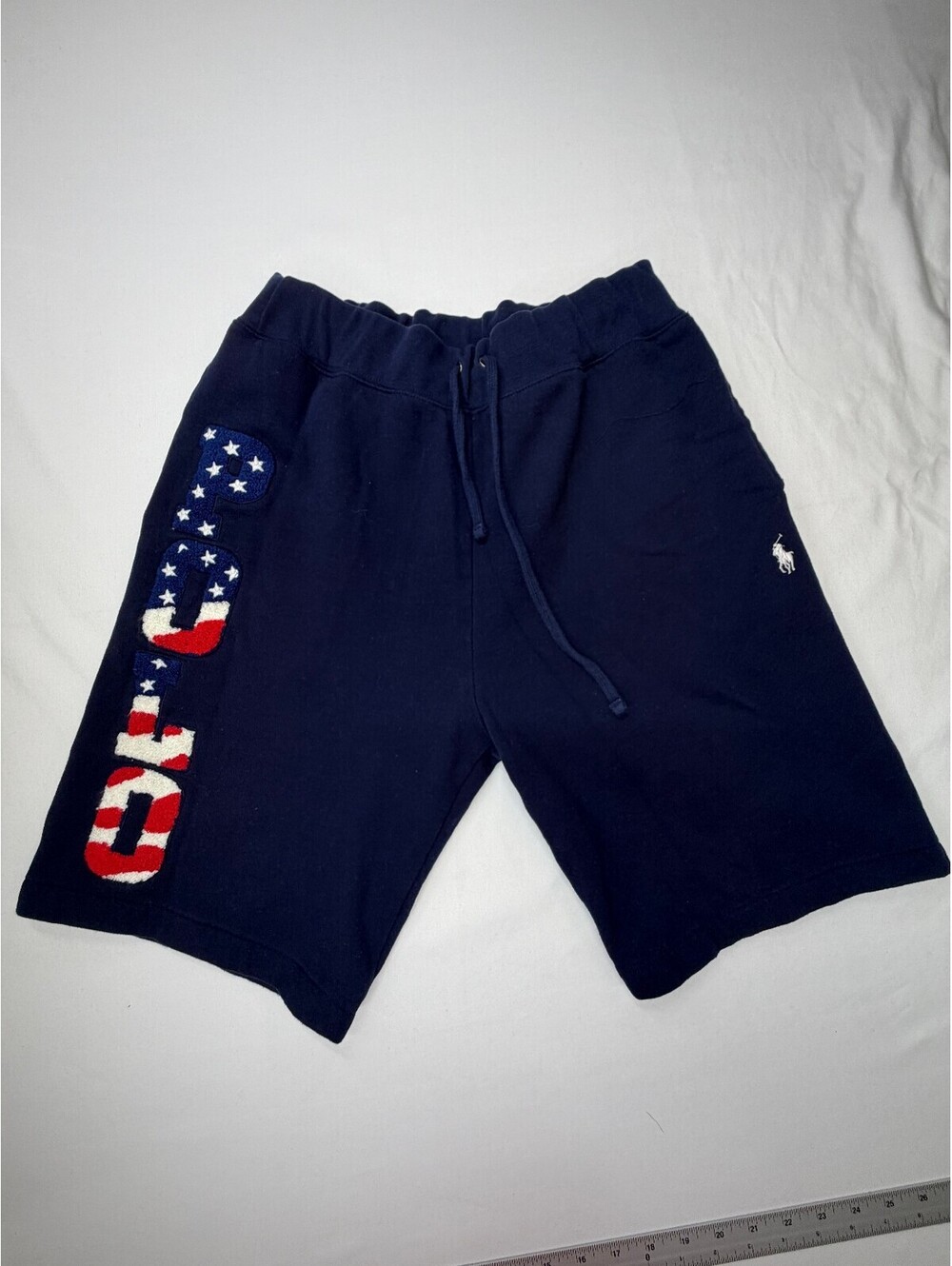 Polo Ralph Lauren Men's Fleece Shorts Graphic USA Flag Logo Size M Blue